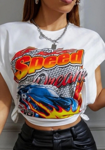 (Real Image)2024 Styles Women Summer 3D Print Round Neck Sleeveless Slit Casual Crop Top