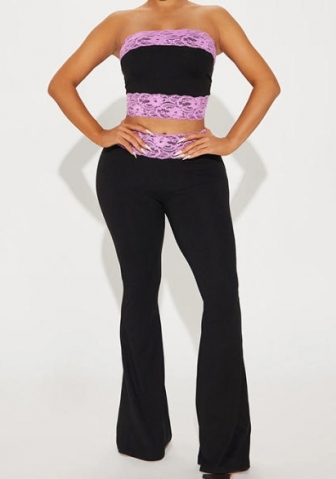 (Purple})2024 Styles Women Summer Fashion Spliced Off-Shoulder Bustier Top and Casual Pants Two Piece Set