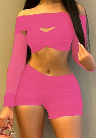 (Rose)2024 Styles Women Summer Lace Spliced Off-Shoulder Top and Stretch Shorts Two Piece Set