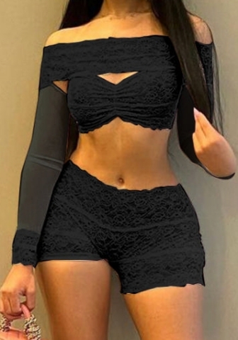 (Black)2024 Styles Women Summer Lace Spliced Off-Shoulder Top and Stretch Shorts Two Piece Set