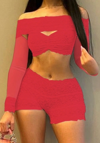 (Red)2024 Styles Women Summer Lace Spliced Off-Shoulder Top and Stretch Shorts Two Piece Set