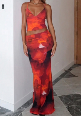 (Orange)2024 Styles Women Summer Fashion Floral Print Sexy V-Neck Cami and Bodycon Skirt Set