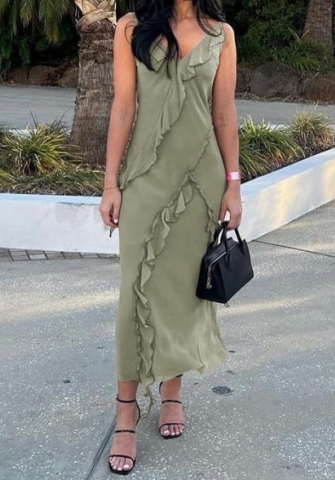 (Real Image)2024 Styles Women Summer Fashion Elegant V-Neck Ruffle Solid Color Maxi Dress