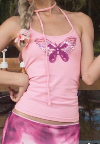 (Real Image)2024 Styles Women Summer Fashion Floral Print Sexy Tweed Backless Lace-Up Vest