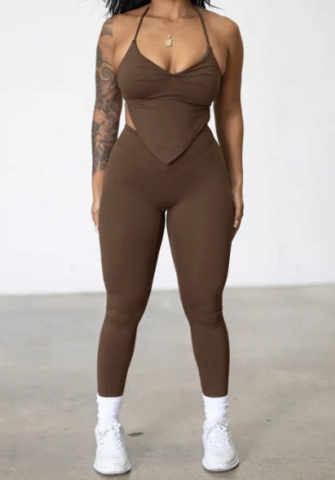 (Coffee)2024 Styles Women Summer Fashion Sexy Backless Lace-Up Tube Top and Skinny Pants Set