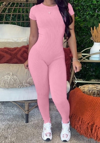 (Pink)2024 Styles Women Summer Fashion Streetwear Bodycon Back Zipper Short Sleeve Jumpsuit