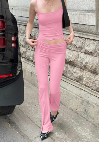 (Pink)2024 Styles Women Cropped Halter Crop Top and Slim Pants Set