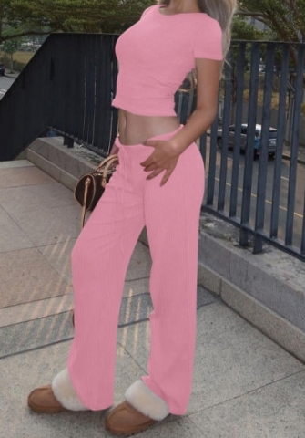 (Pink)2024 Styles Women Summer Fashion Casual Short Sleeve Top with Tied Waist Slim Pants Set