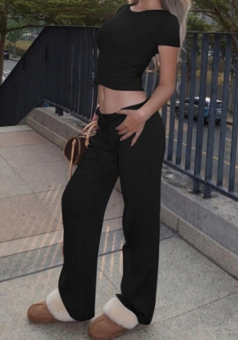 (Black)2024 Styles Women Summer Fashion Casual Short Sleeve Top with Tied Waist Slim Pants Set
