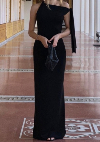 (Black)2024 Styles Women Summer Fashion Elegant One-Shoulder Draped Sash Solid Color Maxi Dress