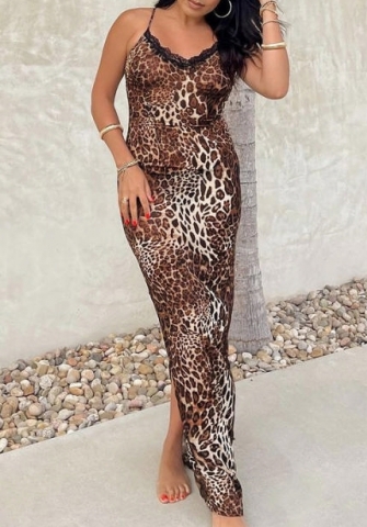 (Real Image)2024 Styles Women Summer Leopard Print Lace Trimmed Back Split Long Halter Maxi Dress