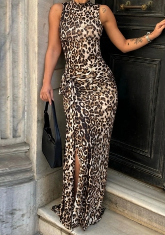 (Real Image)2024 Styles Women Summer Fashion Floral Print Slim Fitted Waist Belted Split Sleeveless Maxi Dress