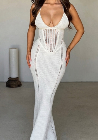 (White)2024 Styles Women Summer Fashion Sexy Backless Lace-Up Open-Work Knitted Maxi Dress
