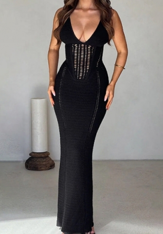 (Black)2024 Styles Women Summer Fashion Sexy Backless Lace-Up Open-Work Knitted Maxi Dress