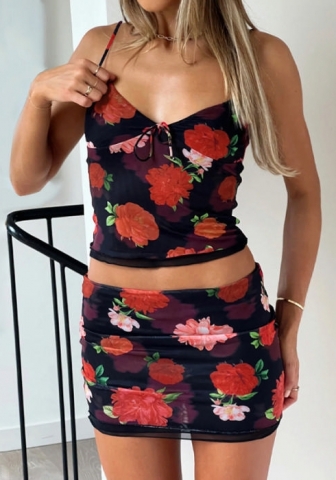 (Black)2024 Styles Women Summer Mesh Print Halter Bralette and Shorts Set for Cool and Breathable Wear