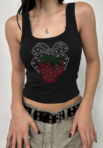 (Red)2024 Styles Women Summer Fashion Bejeweled Fitted Crop Top with Sleeveless Vest