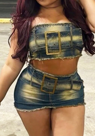 (Real Image)2024 Styles Women Washed-Out Color-Blocked Belted Fringe Halter Mini Dress Set