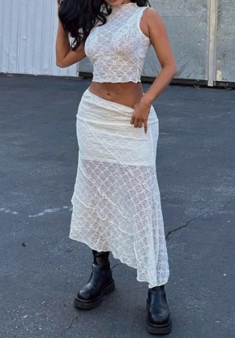 (Real Image)2024 Styles Women Summer Crop Halter Neck Sleeveless Irregular Sexy Breathable Lace Maxi Dress