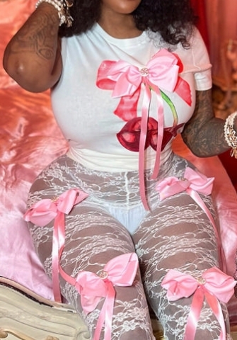 (Only Tops,Real Image)2024 Styles Women Summer New Floral Print Round Neck Bow Detail T-Shirt