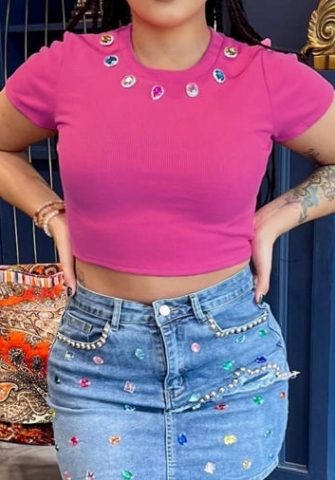 (Real Image)2024 Styles Women Summer Crop Top Round Neck Short Sleeve with Draped Sequins Western-Style Trendy Tee