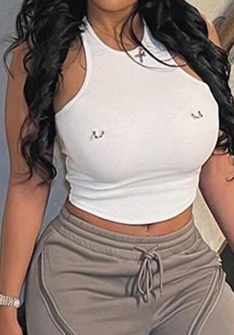 (Real Image)2024 Styles Women Summer Solid Color Metallic Accent Sexy Crop Top with Round Neck