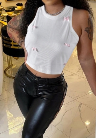 (Real Image)2024 Styles Women Summer Cool Round Neck Crop Top with Bow Tie Fashionable Tank
