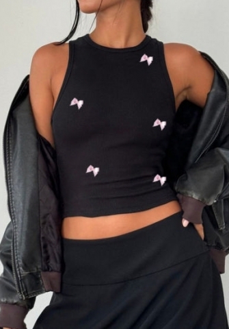 (Black)2024 Styles Women Summer Cool Round Neck Crop Top with Bow Tie Fashionable Tank