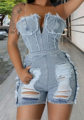 (Real Image)2024 Styles Women Sexy Cutout Distressed Zippered Short Halter Denim Playsuit
