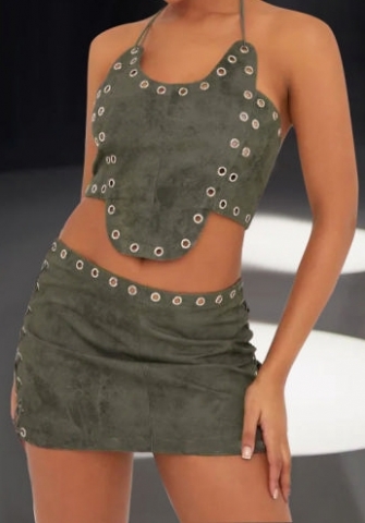 (Real Image)2024 Styles Women Lace-Up Halter Open Back Faux Suede Grommet Mini Skirt Set
