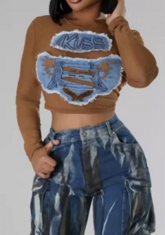 (Only Tops，Coffee)2024 Styles Women Mesh Patch Denim Sexy Spicy Fitted T-Shirt