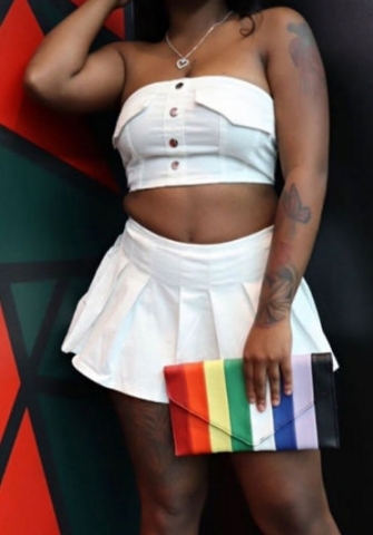 (White)2024 Styles Women Influencer's Halter Sexy Crop Top and Pleated Zippered Mini Skirt Set