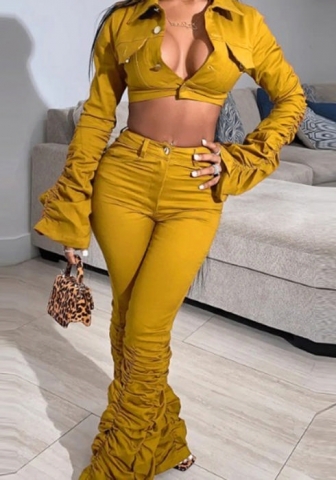 (Real Image)2024 Styles Women Edgy Crop Top with Pleated Flared Sleeves and Stretchy Pants Set