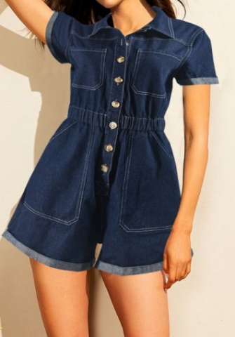 (Real Image)2024 Styles Women Shirt Collar Single-Breasted Elastic Waist Loose Washed Denim Playsuit