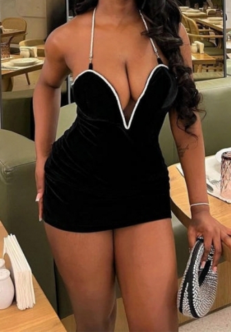 (Black)2024 Styles Women Summer Color-Blocked Open Back Deep V Euro Halter Dress