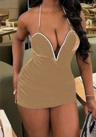 (Apricot)2024 Styles Women Summer Color-Blocked Open Back Deep V Euro Halter Dress