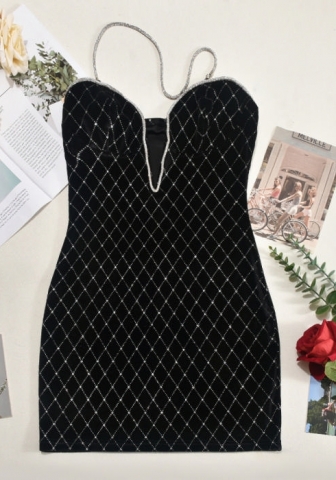 (Black)2024 Styles Women Summer Color-Blocked Open Back Deep V Euro Halter Dress