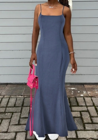 (Real Image)2024 Styles Women Sexy Open-Work Open Back Stretch Denim Long Halter Maxi Dress