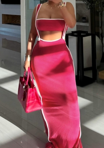 (Rose)2024 Styles Women Summer Fashion Sexy Halter Crop Top Open-Work Slim Maxi Dress