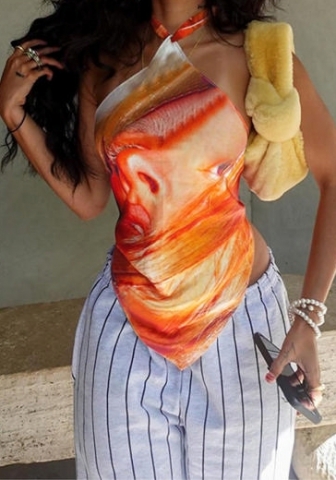 (Real Image)2024 Styles Women Summer 3D Print Halter Tie-Back Sexy Irregular Tank Top