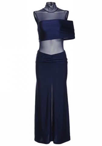 (Real Image)2024 Styles Women Summer Fashion High Neck Sheer Sexy Split Maxi Dress Set