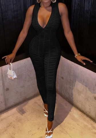 (Black)2024 Styles Women Summer Sleeveless Deep V-Neck Sexy Spicy Pleated Character Bodycon Jumpsuit