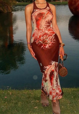 (Real Image)2024 Styles WomenSummer Sleeveless Vest-Style Koi Print Sexy Slim Maxi Dress