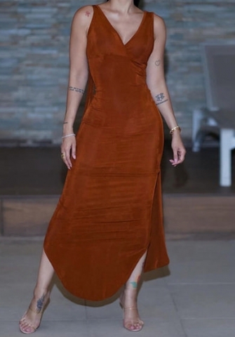 (Real Image)2024 Styles Women Summer Stylish Brown Halter V-Neck High Split Pencil Dress