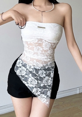 (Real Image)2024 Styles Women Summer Sexy Sheer Lace Halter Irregular Solid Color Vest