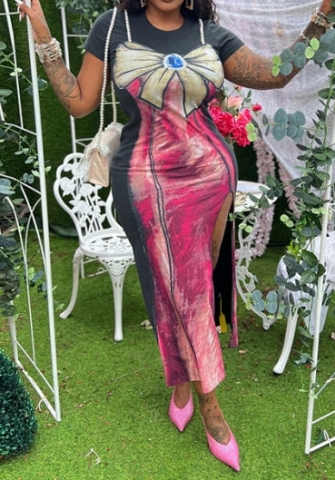 (Real Image)2024 Styles Women Printed Bow Sweet Split Sexy Spicy Bodycon Dress