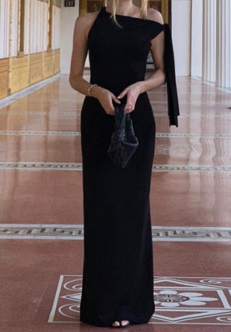 (Real Image)2024 Styles WomenSpring/Summer Solid Color Casual Sexy Asymmetrical Shoulder Slim Fitted Sleeveless Bodycon Maxi Dress