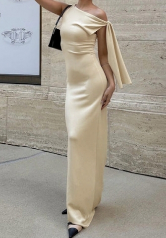 (Apricot)2024 Styles WomenSpring/Summer Solid Color Casual Sexy Asymmetrical Shoulder Slim Fitted Sleeveless Bodycon Maxi Dress