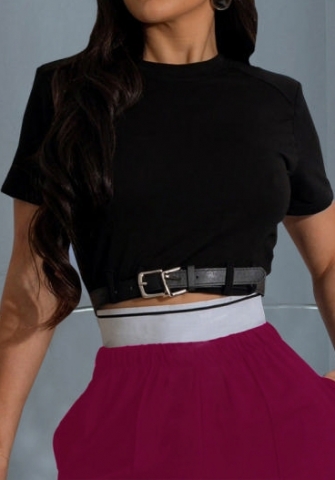 (Only Tops,Black)2024 Styles Women Summer Round Neck Crop Top Short Sleeve Belted Western Style T-Shirt