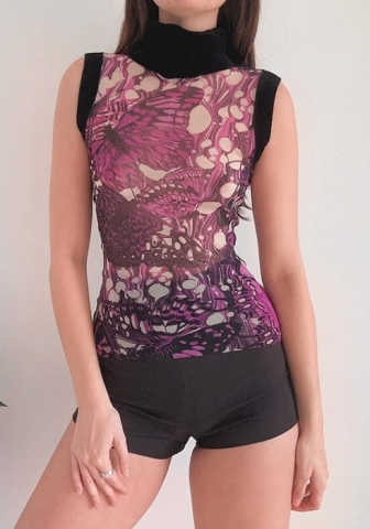 (Real Image)2024 Styles Women Butterfly Print Mesh Paneled Sleeveless Half-High Neck Top
