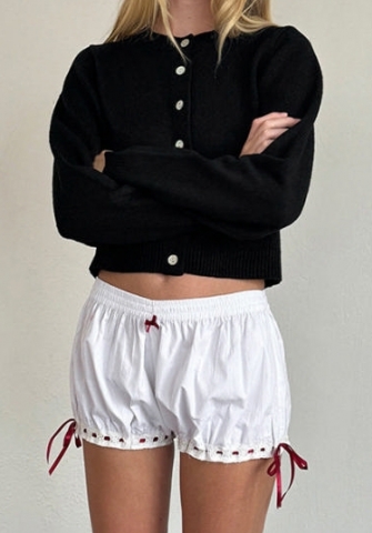 (Only Bottom,Real Image)2024 Styles Women American Sweet & Spicy Style Lace Trim Bow-Accented Color-Blocked Shorts